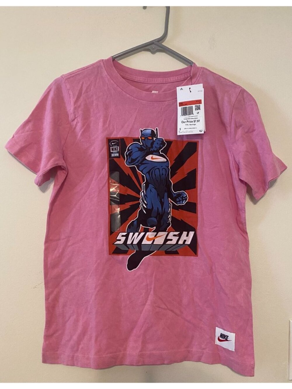 New NWT Nike Youth Pink Acid Wash Superhero Swoosh Graphic T-Shirt HQ3231-646